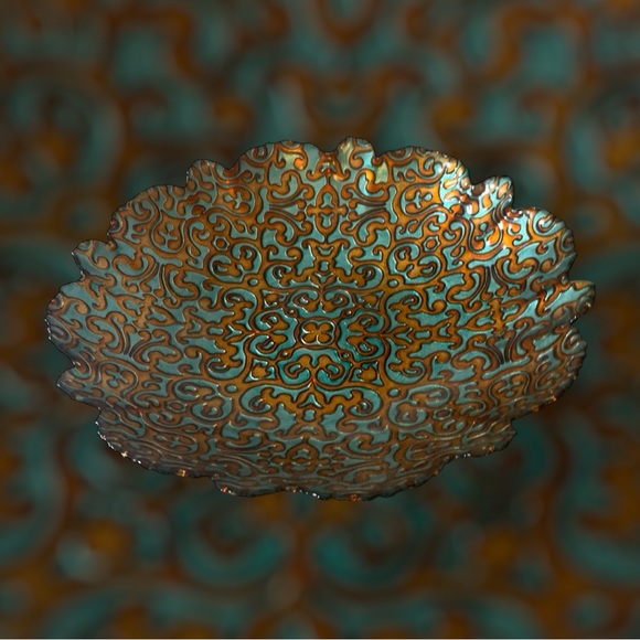 ArdaCam Hand Painted Turquoise & Bronze Glass 12” Round Serving Platter Bowl - Picture 4 of 16